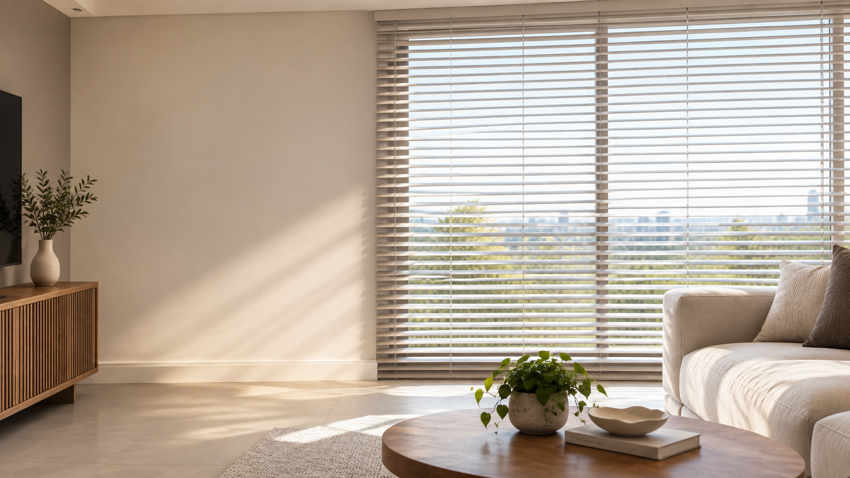 Persiana horizontal em sala de estar iluminada, com vista para área verde